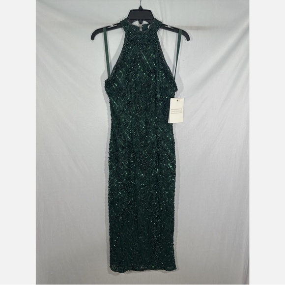NWT $398 MAC DUGGAL [ 8 ]‎ Sequined Halter Midi Dress in Bottle Green - Picture 8 of 14